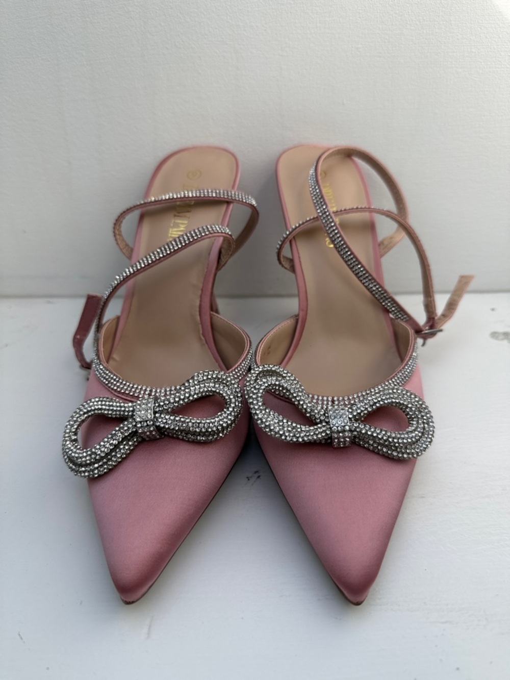 Pink Satin Pointed-Toe Slingback Heels with Crystal Bow